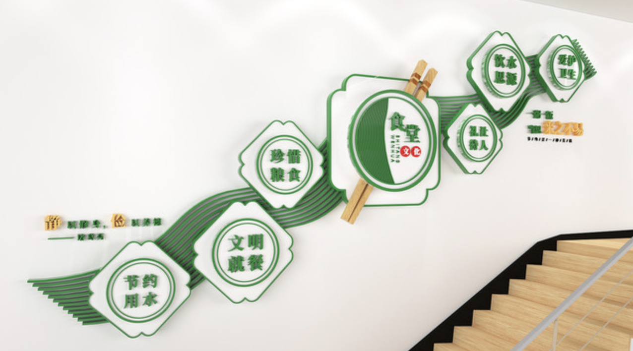 中國風(fēng)食堂社區(qū)綠色環(huán)保文化墻設(shè)計(jì)(圖3) 綠色珍惜糧食食堂樓梯文化墻